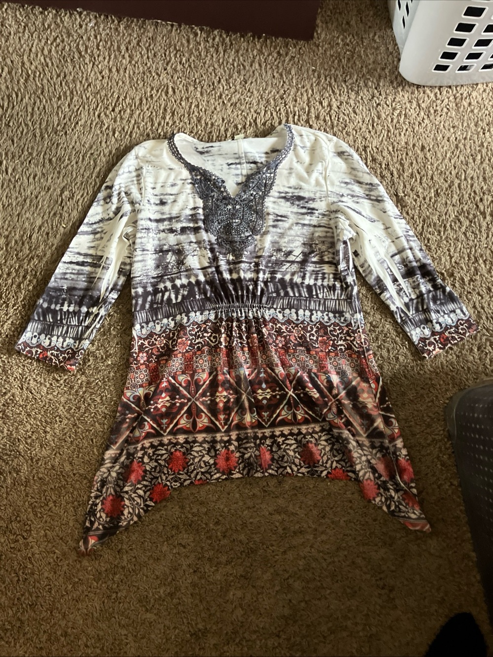 Women's Printed Handkerchief Hem Tunic in Ivory and Coral